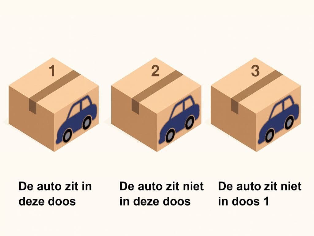 Je hebt drie dozen voor je. Onder elke doos staat een bewering, maar slechts één van deze beweringen is waar. Kun jij ontdekken onder welke doos de auto zit?