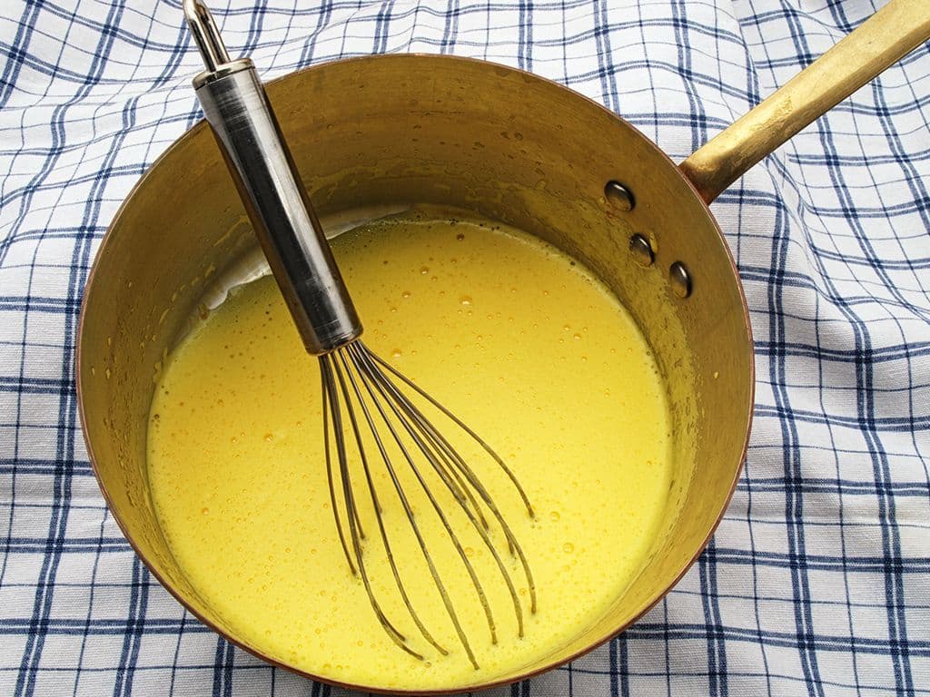 Dit traditionele Italiaanse nagerecht wordt gemaakt door eidooiers, suiker en een zoete alcoholische drank au bain-marie op te kloppen tot een luchtige, romige saus. Meestal geserveerd met een bolletje ijs en wat fruit. Hoe heet dit dessert?