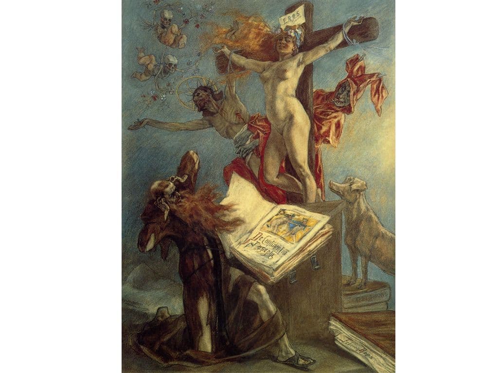 Voor deze vraag zoeken we een Belgisch graficus, schilder en karikaturist. Zijn werk is veelal satanistisch en licht pornografisch getint. De vrouwenfiguren, die de verleiding en het Kwaad personifiëren, zijn doorgaans gemodelleerd naar de Vlaamse meisjes waar hij zo verzot op was. Hij zien we zijn 'De verzoeking van de Heilige Antonius'.