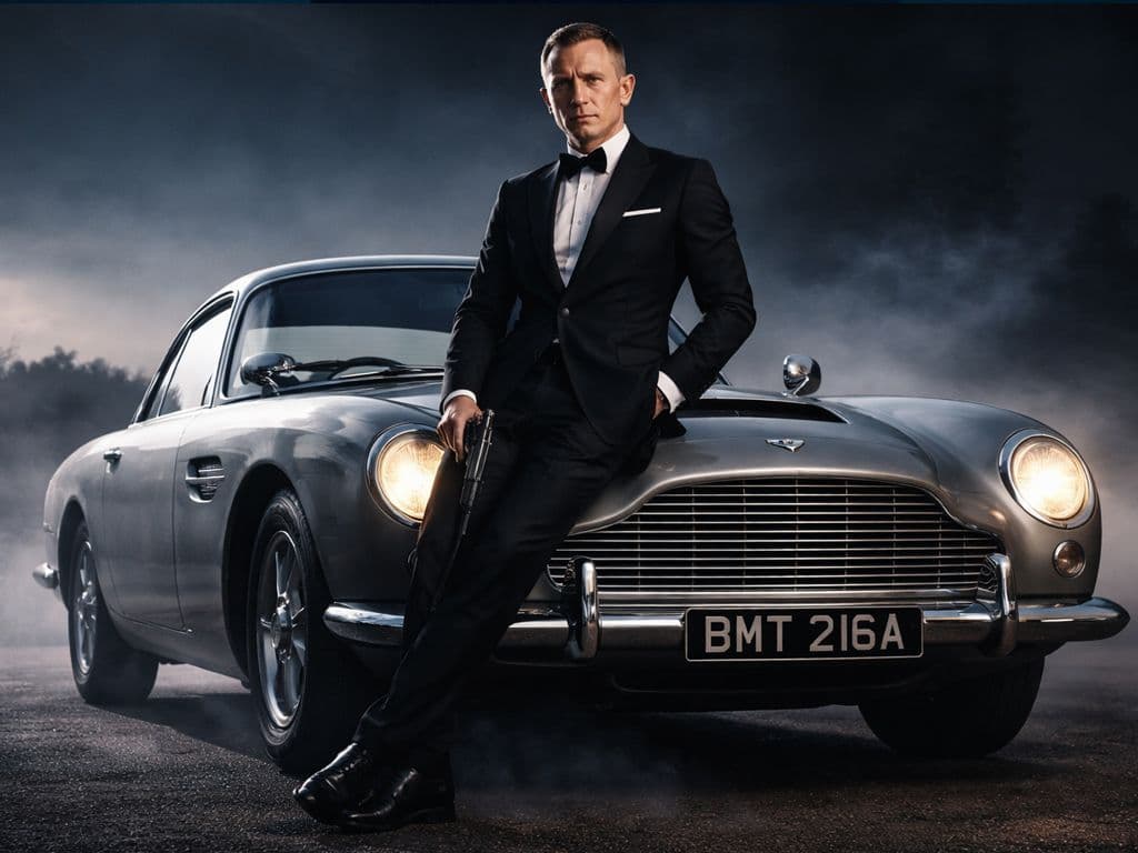James Bond staat al decennialang synoniem voor stijl, gadgets en iconische wagens. Op de afbeelding zien we 007 nonchalant leunen tegen zijn trouwe bolide, een auto die net zo legendarisch werd als de geheim agent zelf. Van welk automerk is deze beroemde James Bond-wagen?