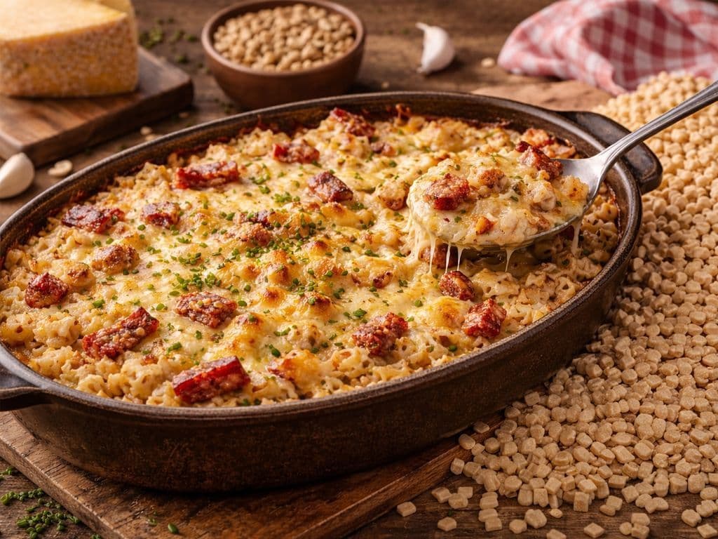 Hoe heet deze traditionele Franse pastasoort uit de Alpen, gemaakt van kleine vierkante deegstukjes en vaak bereid met kaas, room en spek in een ovenschotel?