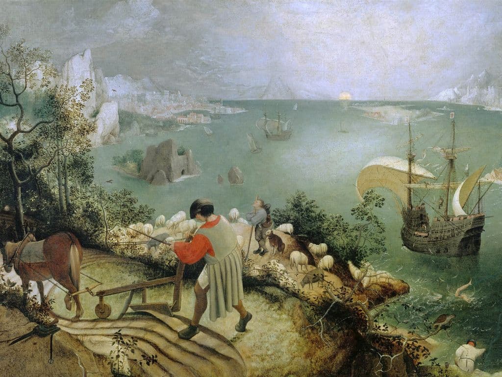 Griekse mythologie: in de tijd dat de duiven nog te voet gingen hield koning Minos op Kreta twee gasten gevangen: Daedalos en zijn zoon. De goden mogen weten om welke reden dat was. Feit is dat ze ontsnapten, of toch ongeveer. Hoe heet de zoon van Daedalos? Op de foto zie je een schilderij van Pieter Bruegel de Oudere waarop hij staat afgebeeld.