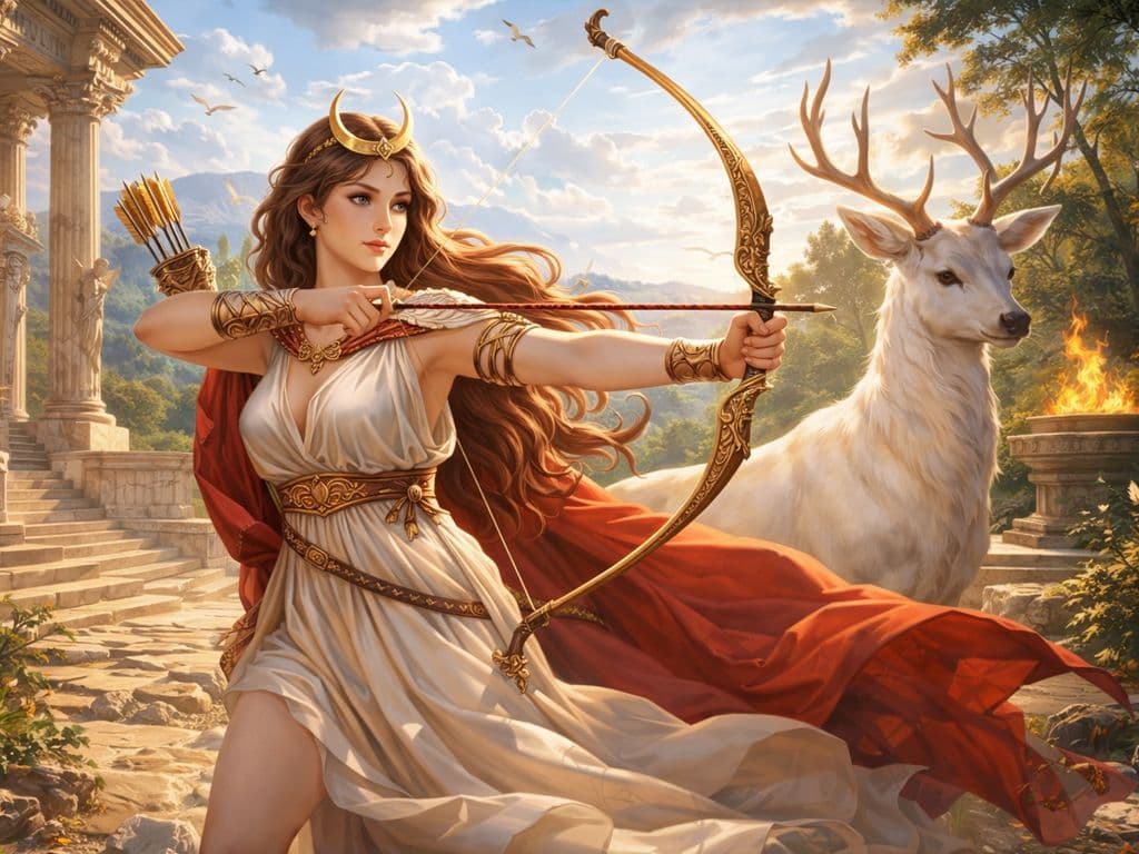 Welke Romeinse godin staat bekend als de godin van de jacht, het wild, de maan en de geboorte? Ze wordt vaak afgebeeld met een boog en pijlen in gezelschap van herten of jachthonden.