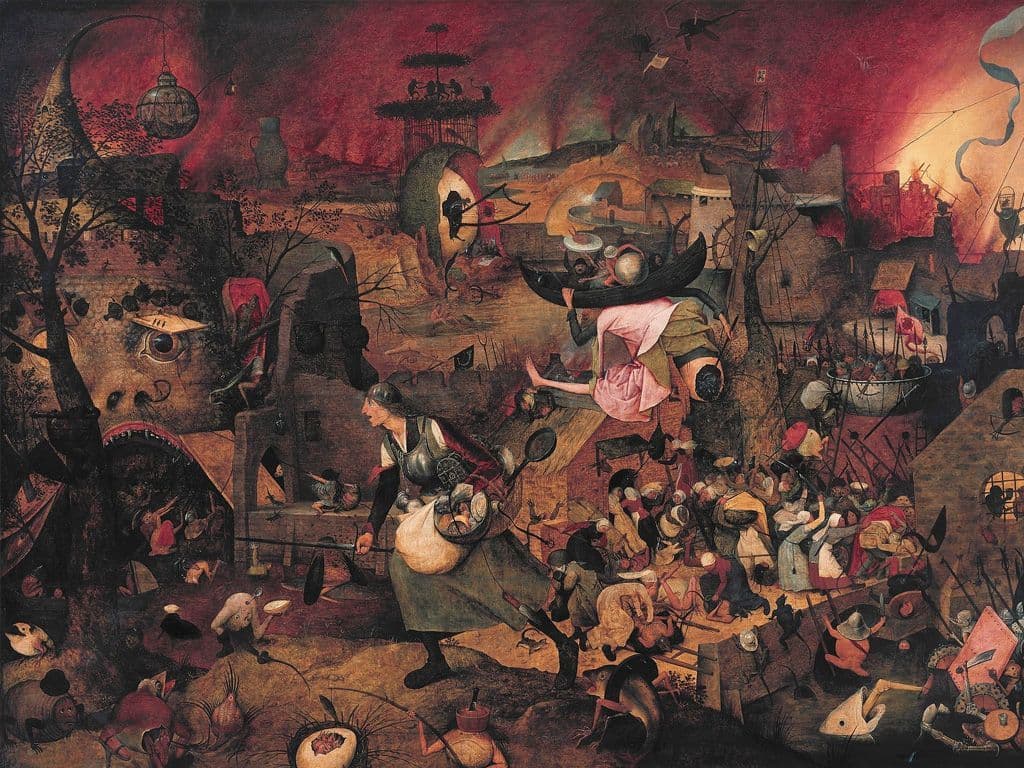 Dit schilderwerk is van Pieter Brueghel de Oude uit 1562, in het Engels bekend als 'Mad Meg'.
Het is te bewonderen in ons eigenste Van Den Bergh Museum in Antwerpen.
<br /><br />
Stripliefhebbers zien ook dat het vrouwenpersonage op de voorgrond door Willy Vandersteen werd gebruikt in een van zijn albums met dezelfde titel…
Graag de Nederlandse naam van het werk.