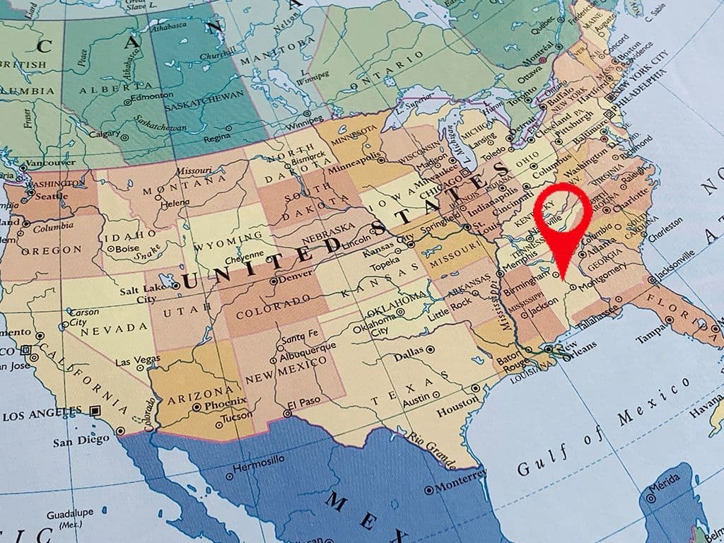 Welke Amerikaanse staat met hoofdstad Montgomery wordt hier aangeduid op de kaart?