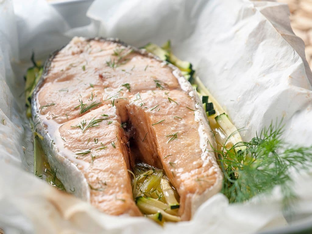 Hoe noemt men in keukentermen een met olie ingewreven stuk bakpapier of aluminiumfolie waarin kleine stukken vlees of vis, met eventueel toevoeging van groenten of fruit in de oven worden gegaard?