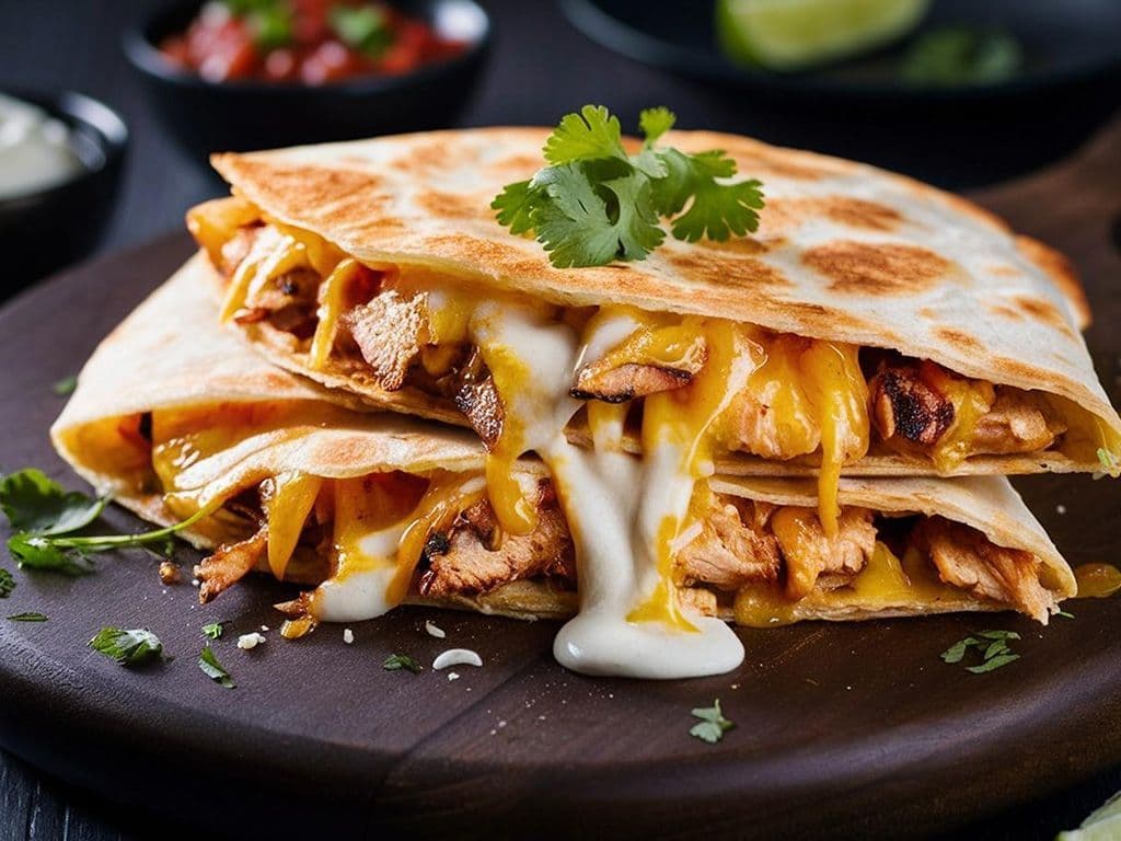 Dit Mexicaanse gerecht bestaat uit tarwe- of maïstortilla’s, rijkelijk belegd met kaas en soms andere ingrediënten, die dubbelgeklapt worden en vervolgens gebakken of geroosterd in een droge pan. Het gerecht wordt vaak geserveerd in punten met een bijpassende salsa. Je zou het kunnen zien als een Latijns-Amerikaanse tosti. Weet jij de naam van dit gerecht?