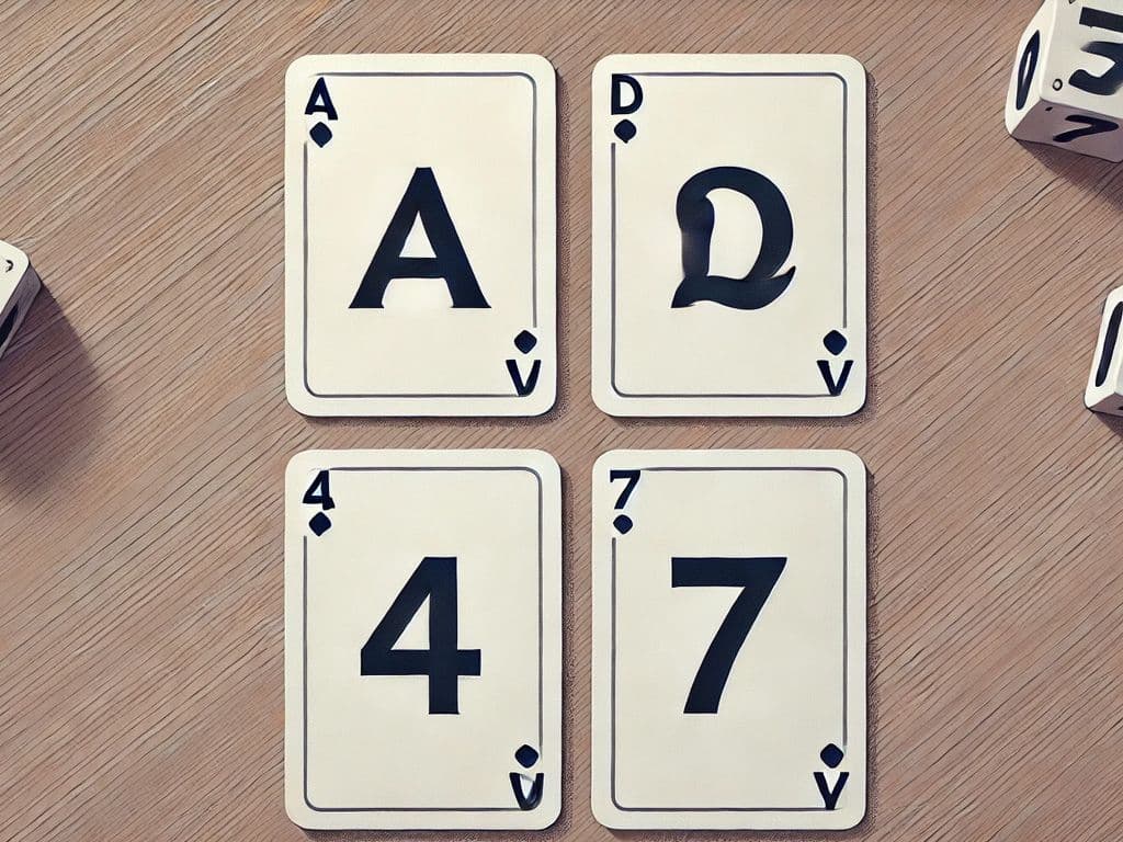 Op een aantal spelkaarten staat aan de ene kant een letter en aan de andere kant een cijfer. Op tafel liggen vier van deze kaarten met naar boven respectievelijk een A, D, 4 en 7. Iemand beweert: “Als er aan de ene kant van een kaart een klinker staat, staat er aan de andere kant een even getal.” Welke kaarten moet je omdraaien om te controleren of deze bewering waar is?