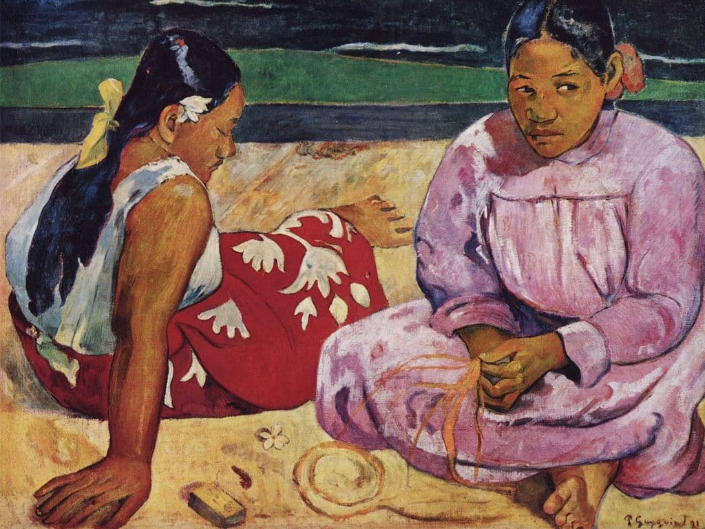 Na een gevecht met welke Franse postimpressionistiche kunstenaar verloof Van Gogh naar verluidt een oor? We zien hier een van zijn werken: Tahitiaanse vrouwen op het strand (1891).