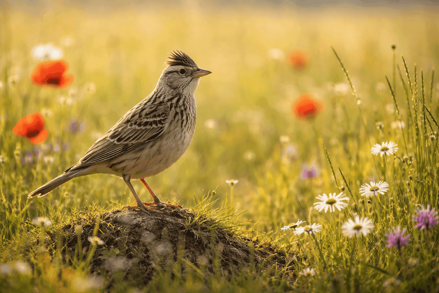 Welke onopvallende boerenlandvogel met een bruingrijs verenkleed en een kort kuifje staat bekend om zijn spectaculaire zangvlucht, waarbij het mannetje hoog in de lucht minutenlang jubelend blijft zingen? Deze vogel werd in Vlaanderen uitgeroepen tot Vogel van het Jaar 2026, maar zijn populatie is sinds de jaren 1960 met ongeveer 95% afgenomen door veranderingen in het landbouwlandschap en het gebruik van pesticiden.