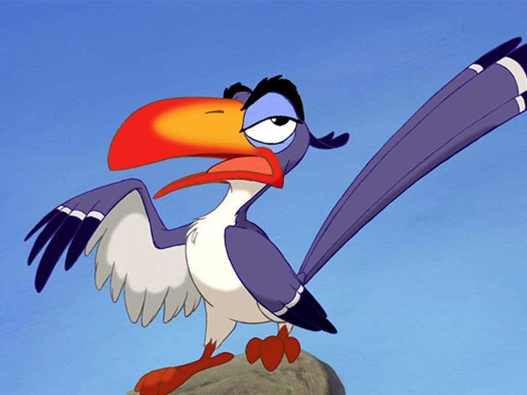 Wat is de naam van dit personage uit De Leeuwenkoning? Hij is de hofmaarschalk van Mufasa en de gouverneur van Simba. Hij is een neushoornvogel die zich erg pompeus voordoet. Vaak wordt hij het slachtoffer van de streken die Simba samen met Nala met hem uithalen.